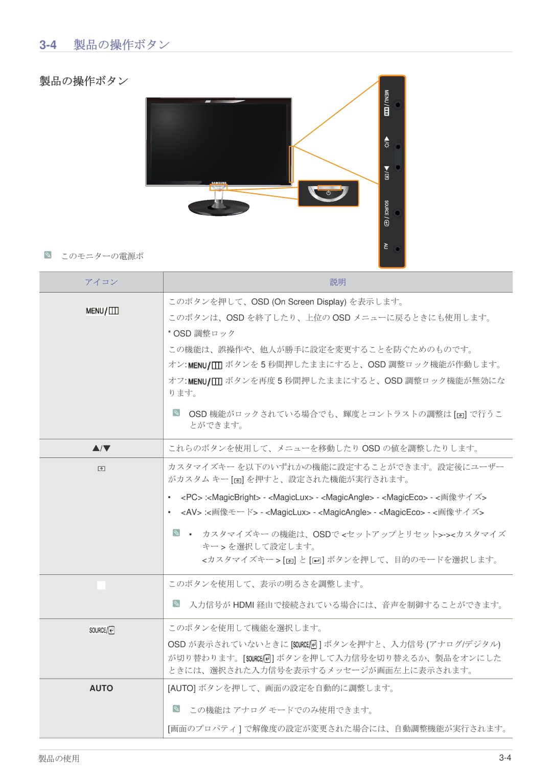 Samsung LS23WHEKFV/XJ manual 4製品の操作ボタン 