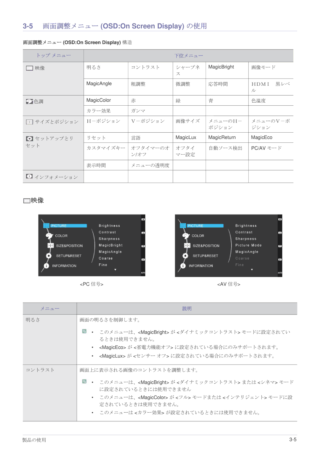 Samsung LS23WHEKFV/XJ manual 画面調整メニュー OSDOn Screen Display の使用, トップ メニュー 下位メニュー 