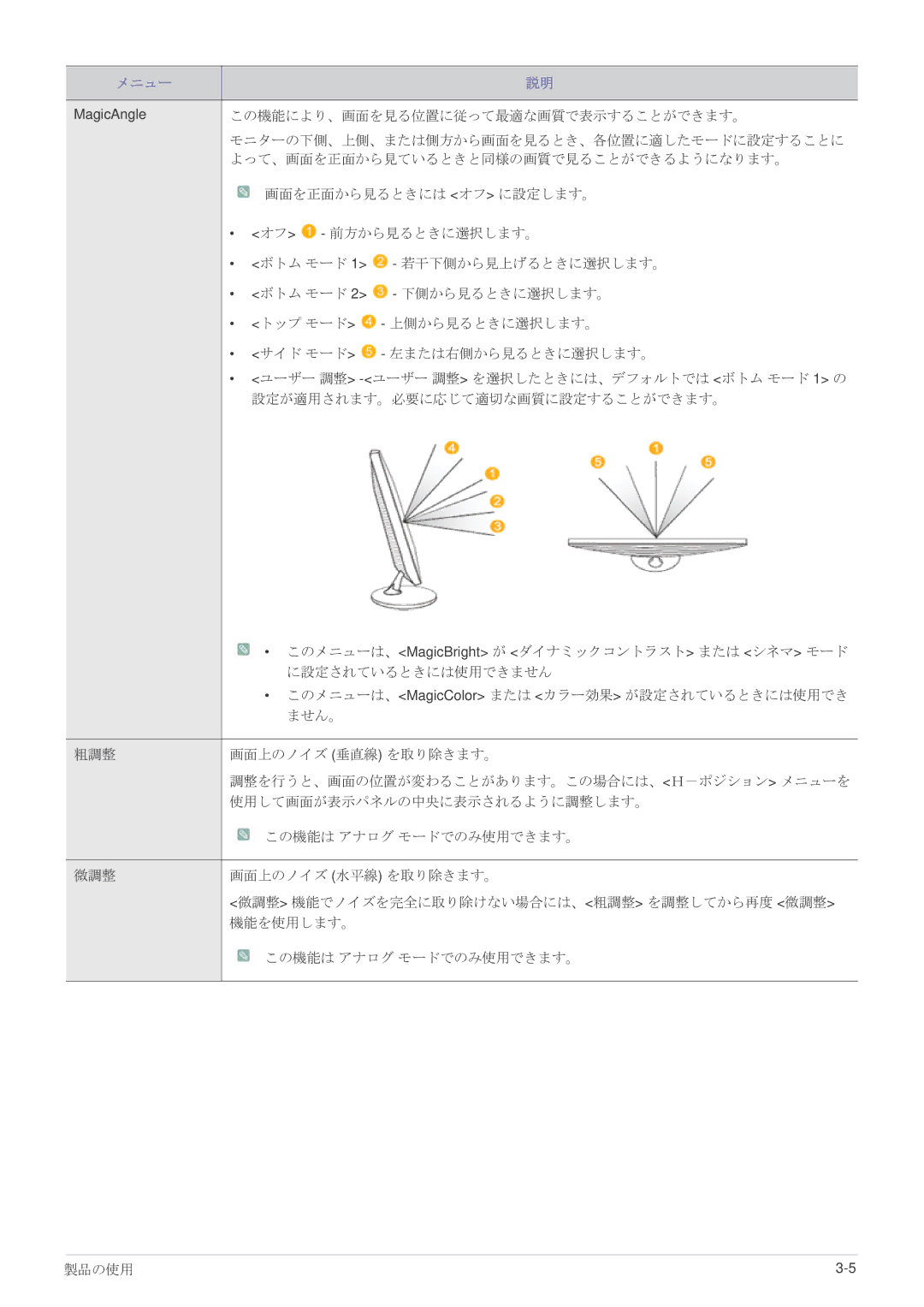 Samsung LS23WHEKFV/XJ この機能により、画面を見る位置に従って最適な画質で表示することができます。, モニターの下側、上側、または側方から画面を見るとき、各位置に適したモードに設定することに, 前方から見るときに選択します。 