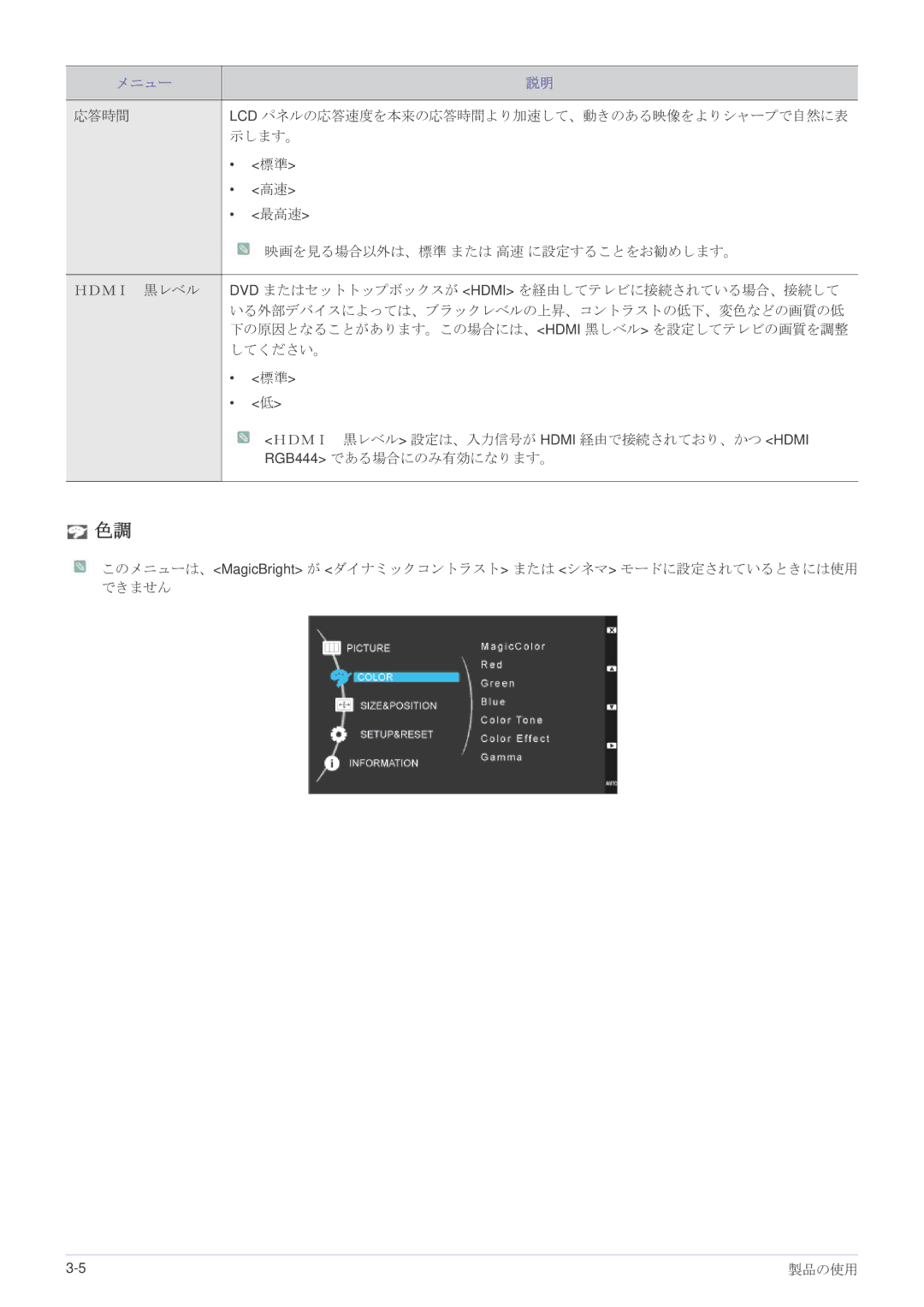 Samsung LS23WHEKFV/XJ manual 示します。, 最高速, 映画を見る場合以外は、標準 または 高速 に設定することをお勧めします。 