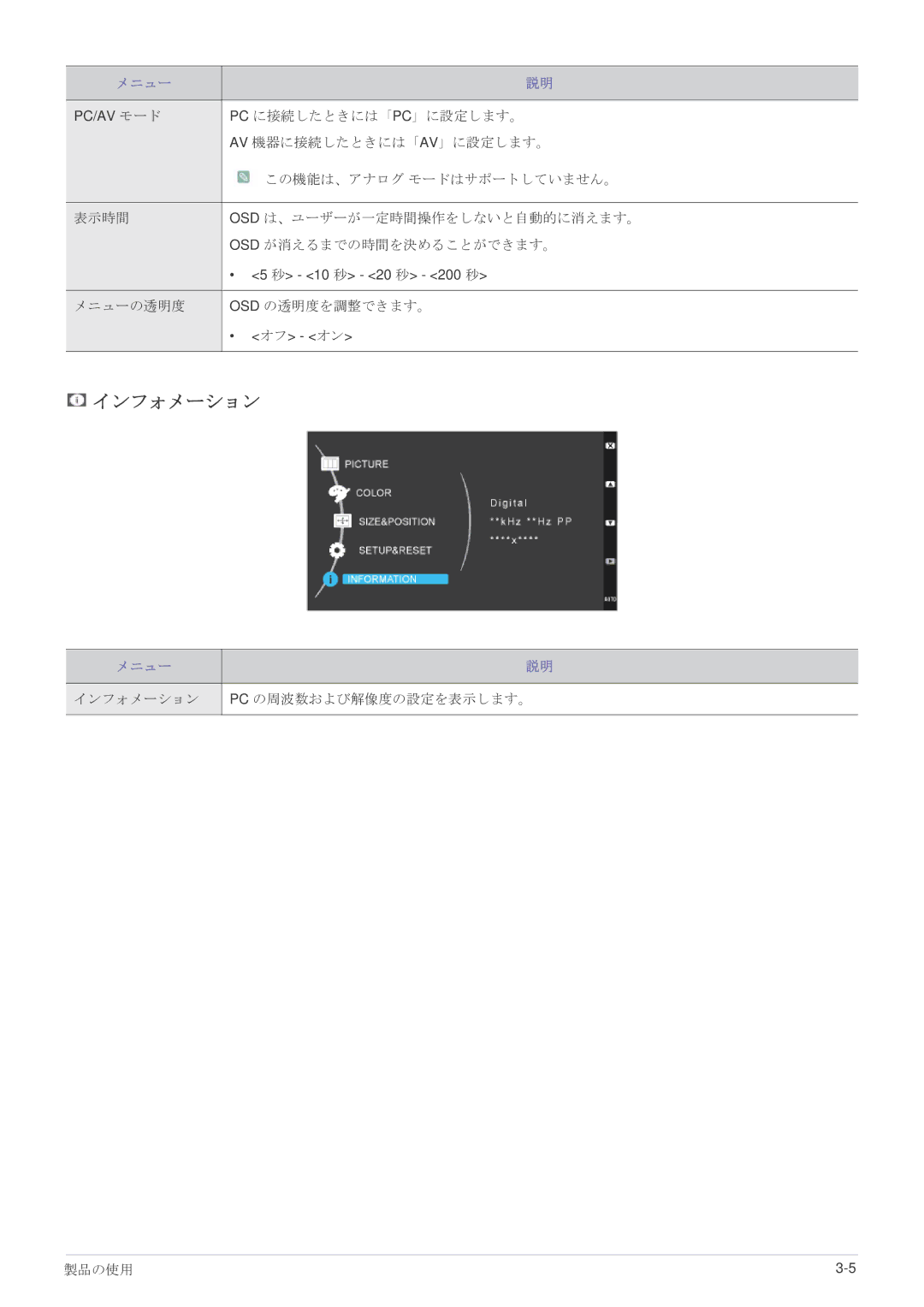 Samsung LS23WHEKFV/XJ manual インフォメーション Pc の周波数および解像度の設定を表示します。 