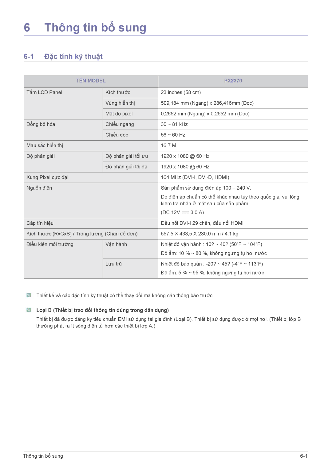 Samsung LS23WHEKFV/XV, LS23WHUKFK/ZA manual Thông tin bổ sung, Đặc tính kỹ thuật, TÊN Model 