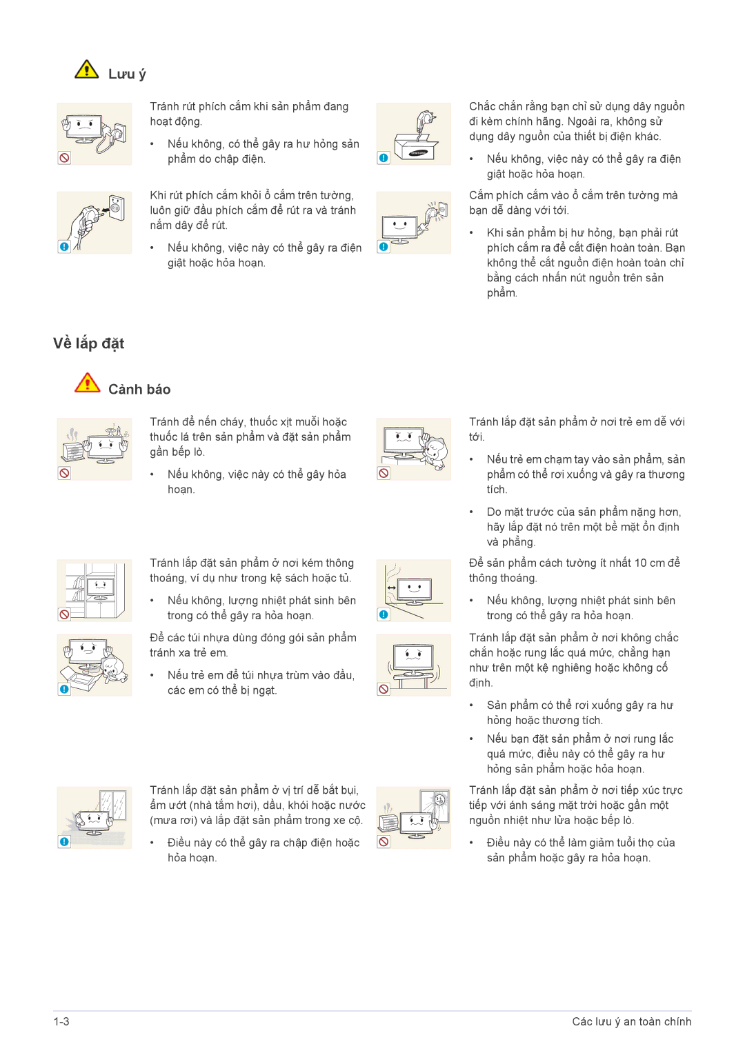 Samsung LS23WHUKFK/ZA, LS23WHEKFV/XV manual Về lắp đặt, Nếu không, việc này có thể gây ra điện Giật hoặc hỏa hoạn 