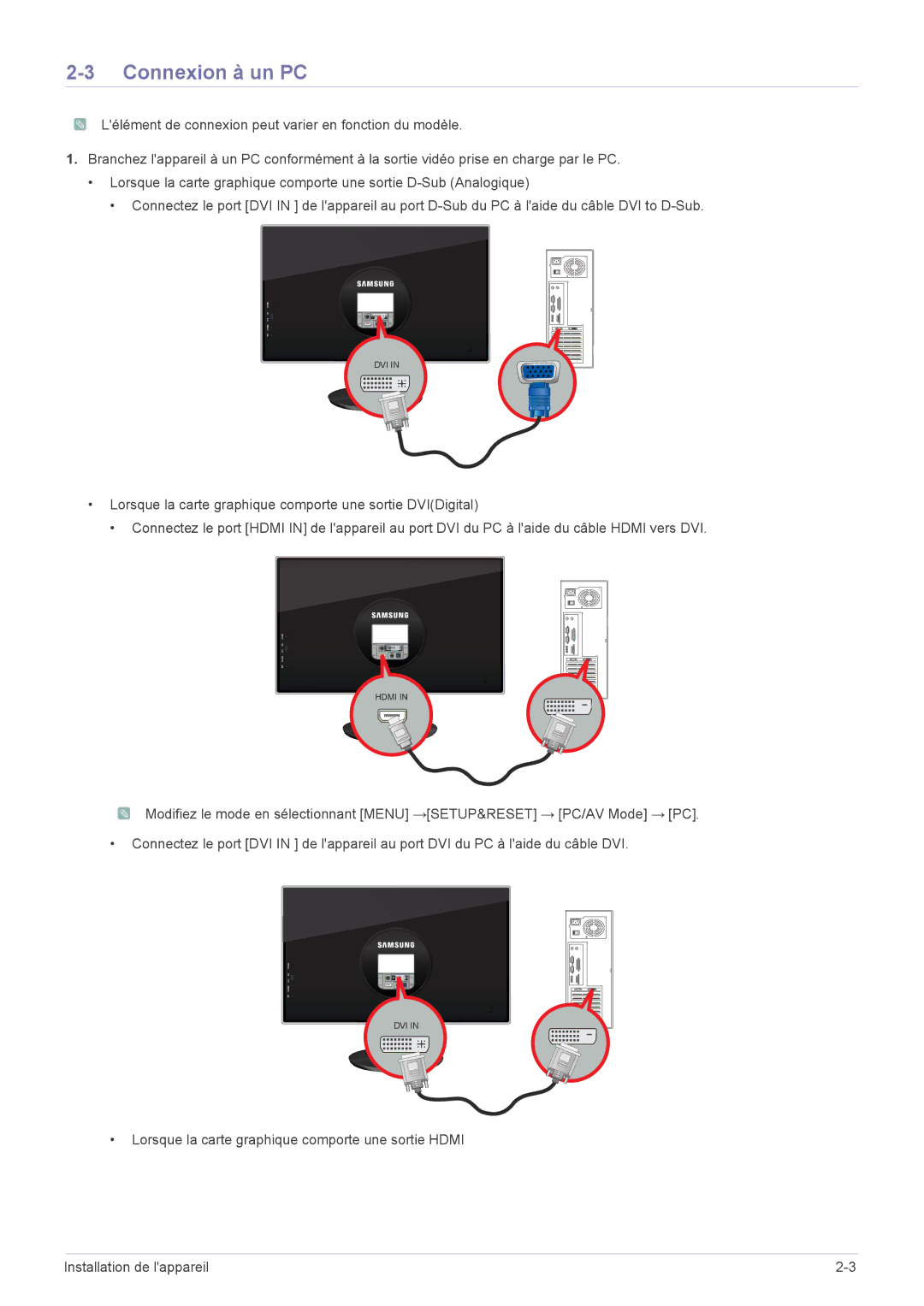 Samsung LS23WHUKFV/EN, LS23WHEKFV/EN, LS23WHUKFK/ZA manual Connexion à un PC 