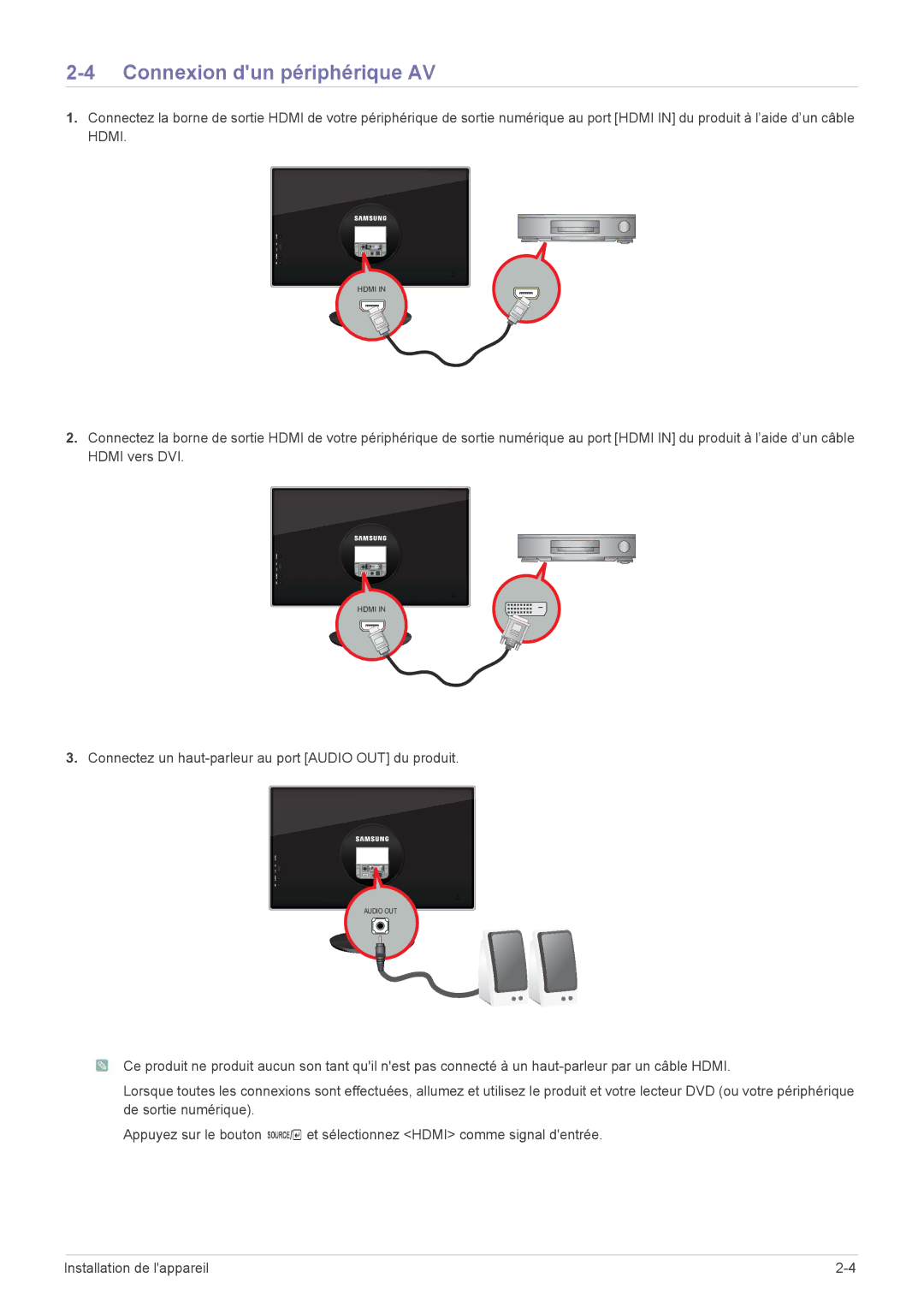 Samsung LS23WHUKFK/ZA, LS23WHUKFV/EN Connexion dun périphérique AV, Connectez un haut-parleur au port Audio OUT du produit 