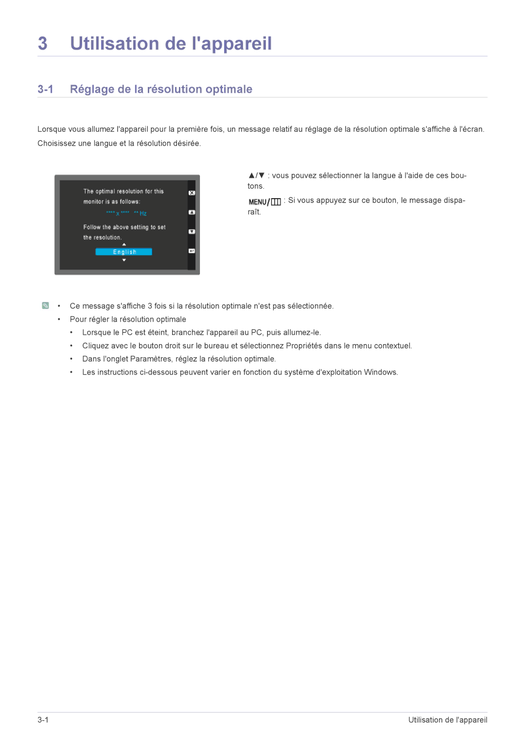 Samsung LS23WHUKFK/ZA, LS23WHUKFV/EN, LS23WHEKFV/EN manual Utilisation de lappareil, Réglage de la résolution optimale 