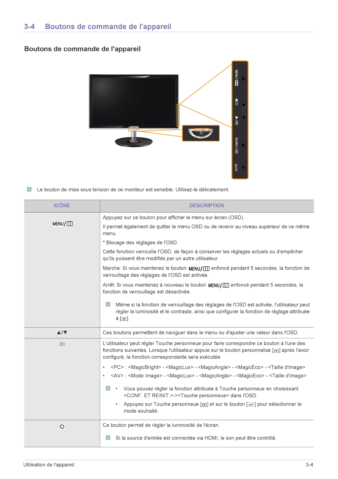 Samsung LS23WHUKFK/ZA, LS23WHUKFV/EN, LS23WHEKFV/EN manual Boutons de commande de lappareil, Icône Description 