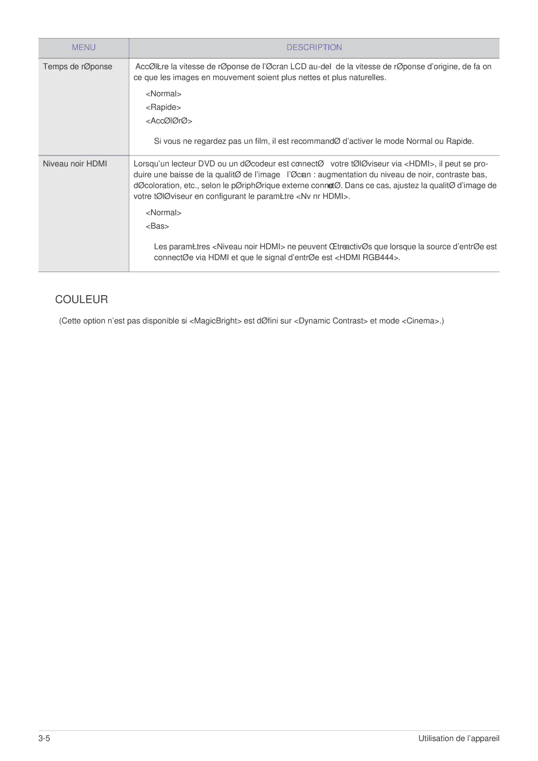 Samsung LS23WHEKFV/EN Temps de réponse, Normal, Rapide, Accéléré, Votre téléviseur en configurant le paramètre Nv nr Hdmi 