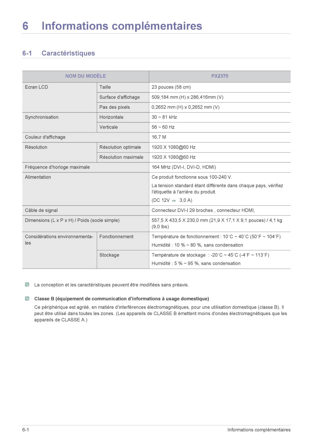 Samsung LS23WHUKFV/EN, LS23WHEKFV/EN, LS23WHUKFK/ZA manual Informations complémentaires, Caractéristiques, NOM DU Modèle 