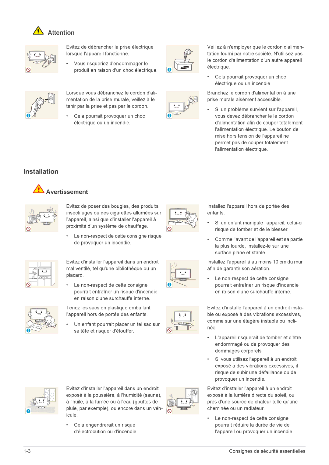 Samsung LS23WHUKFV/EN, LS23WHEKFV/EN manual Installation, Cela pourrait provoquer un choc Électrique ou un incendie, Icule 