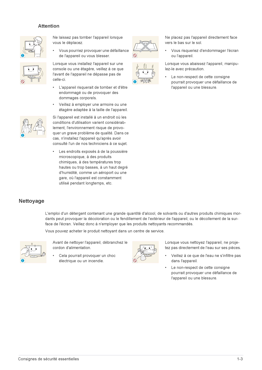 Samsung LS23WHEKFV/EN manual Nettoyage, Conditions dutilisation varient considérab, Lement, lenvironnement risque de provo 