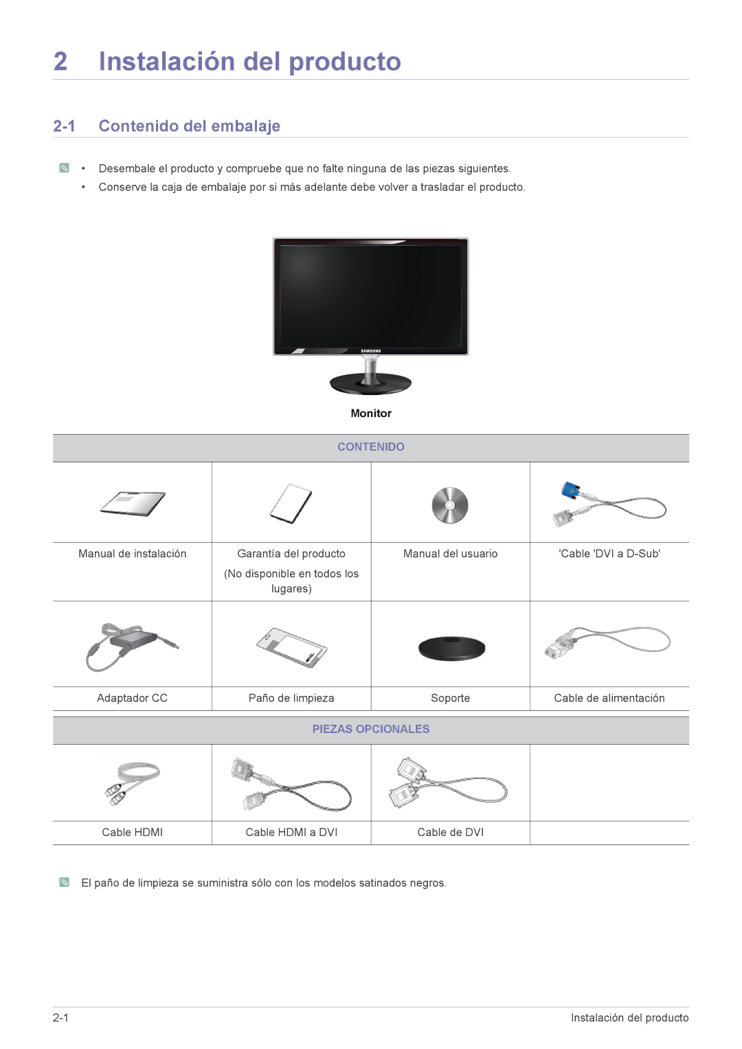 Samsung LS23WHUKFV/EN, LS23WHEKFV/EN, LS23WHUKFK/ZA Instalación del producto, Contenido del embalaje, Piezas Opcionales 