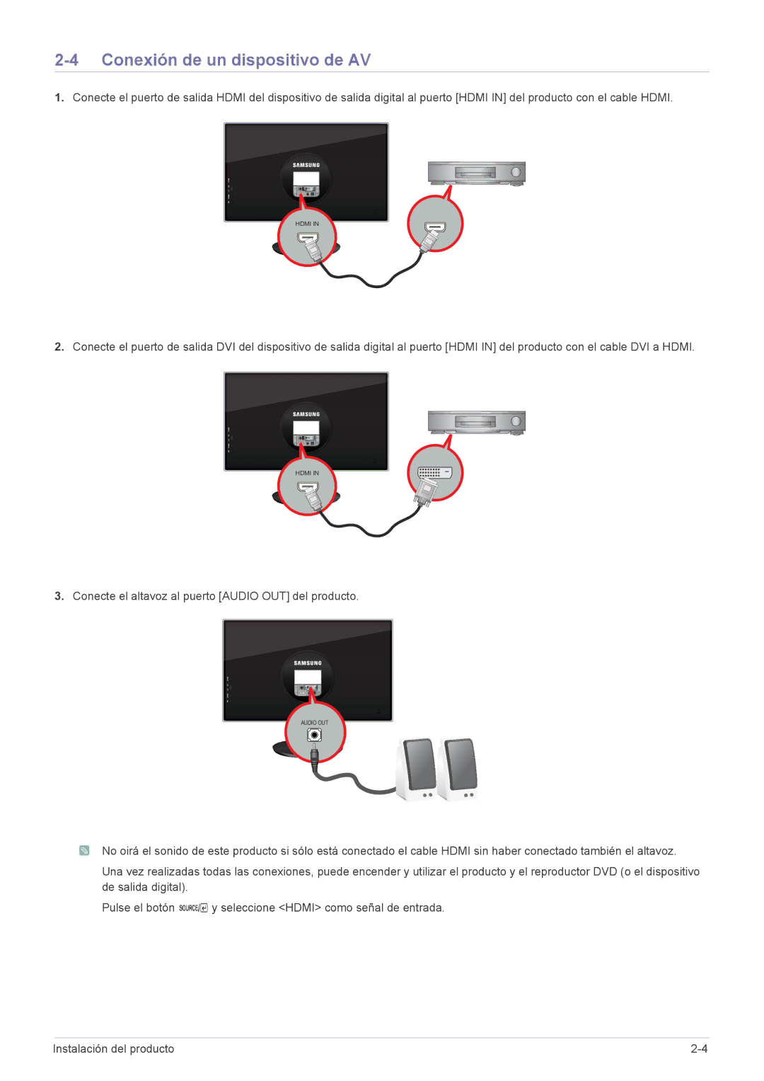 Samsung LS23WHUKFK/ZA, LS23WHUKFV/EN, LS23WHEKFV/EN manual Conexión de un dispositivo de AV 