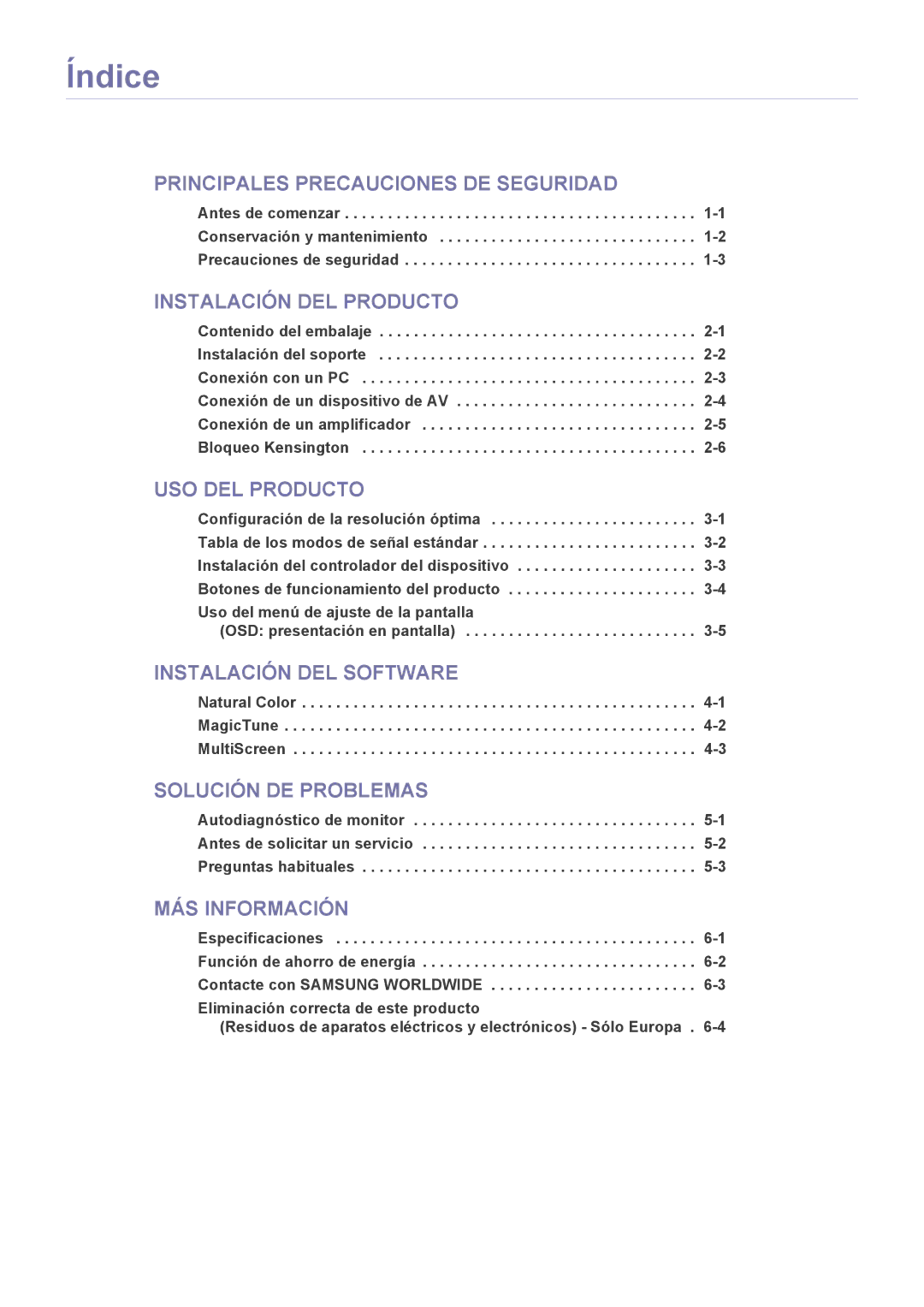 Samsung LS23WHUKFK/ZA, LS23WHUKFV/EN, LS23WHEKFV/EN manual Índice, Instalación DEL Producto 