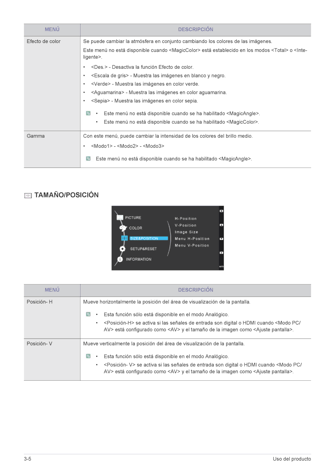 Samsung LS23WHUKFV/EN, LS23WHEKFV/EN, LS23WHUKFK/ZA manual Tamaño/Posición 