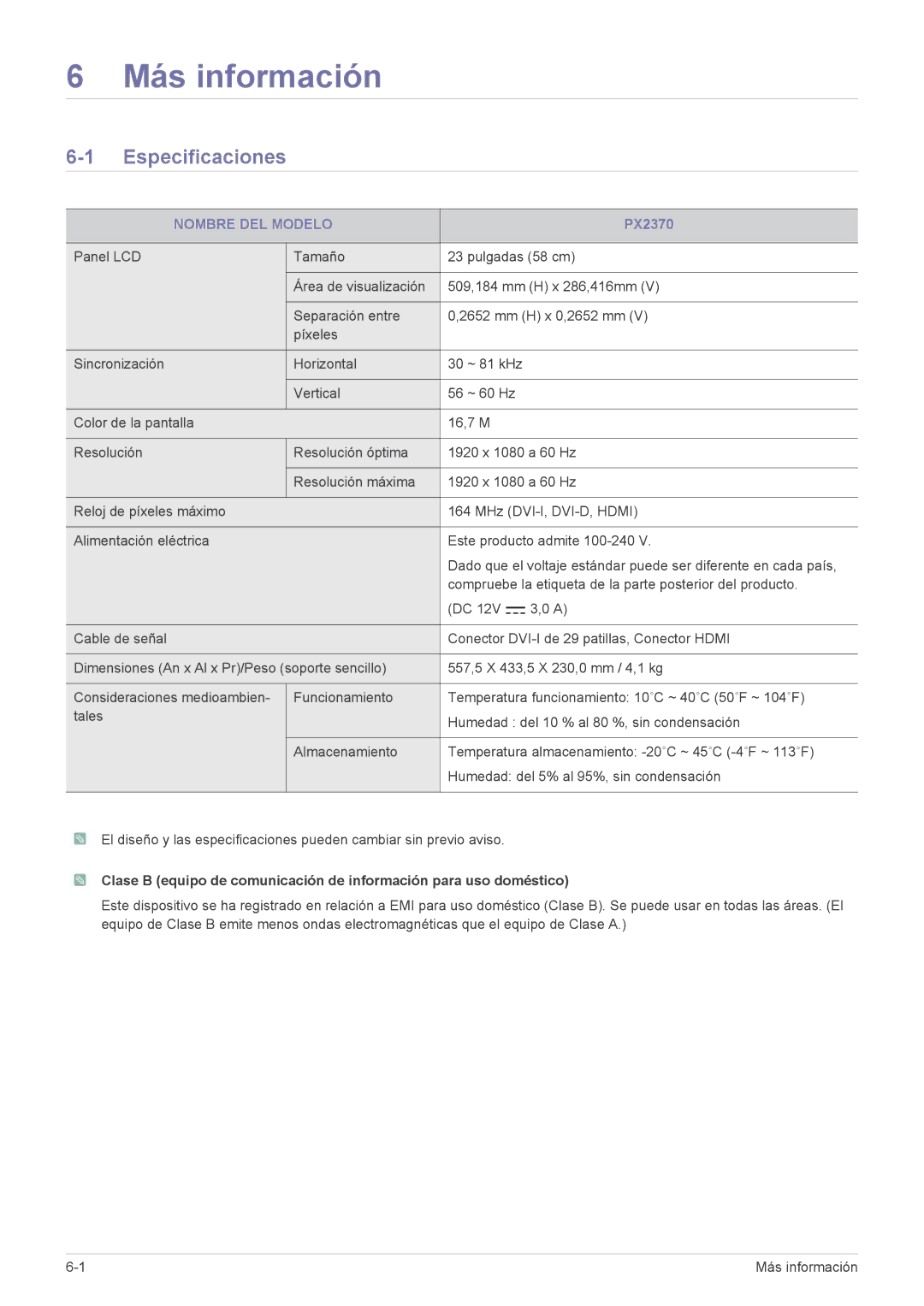 Samsung LS23WHUKFV/EN, LS23WHEKFV/EN, LS23WHUKFK/ZA manual Más información, Especificaciones, Nombre DEL Modelo 