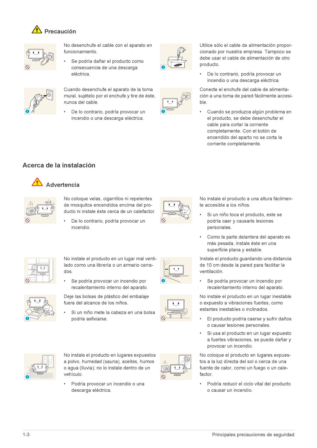 Samsung LS23WHUKFV/EN, LS23WHEKFV/EN, LS23WHUKFK/ZA manual Acerca de la instalación, Precaución 