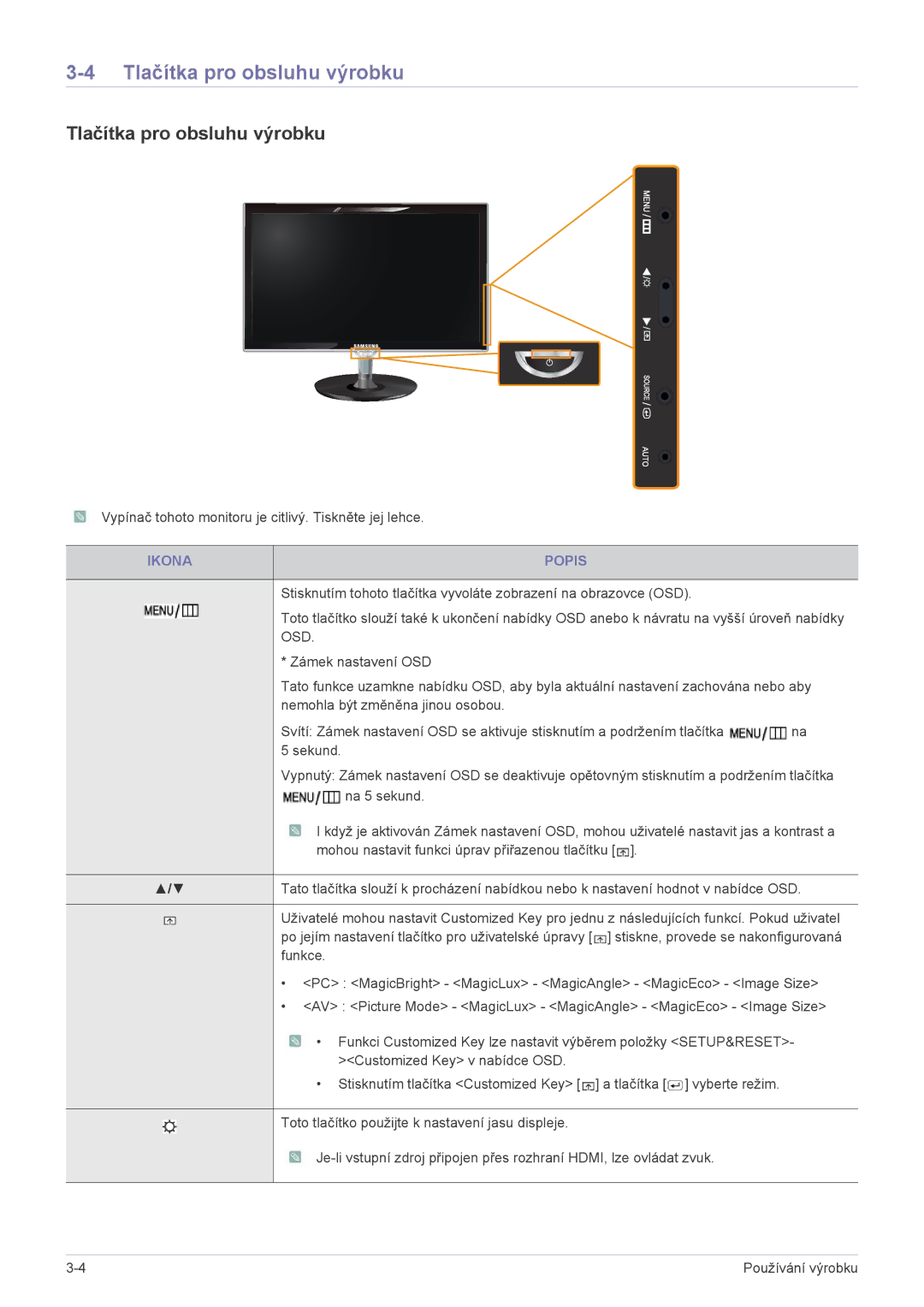 Samsung LS23WHEKFV/EN, LS23WHUKFV/EN, LS23WHUKFK/ZA manual Tlačítka pro obsluhu výrobku, Ikona Popis 