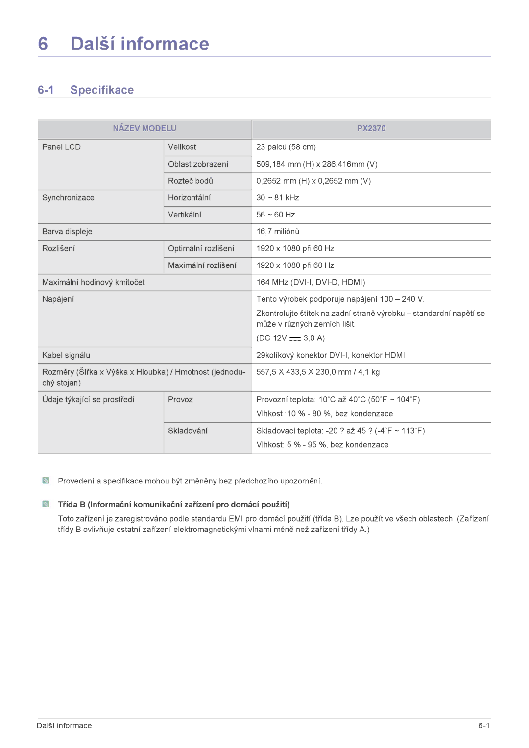 Samsung LS23WHUKFK/ZA, LS23WHUKFV/EN, LS23WHEKFV/EN manual Další informace, Specifikace, Název Modelu 