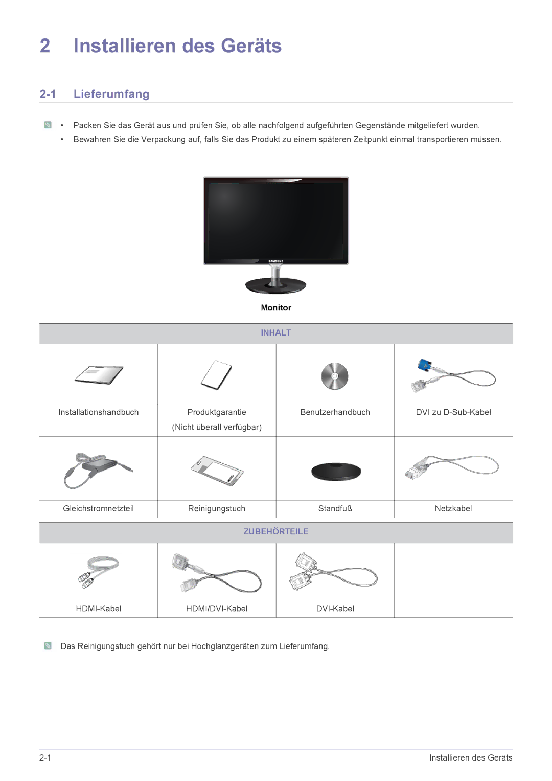 Samsung LS23WHUKFV/EN, LS23WHEKFV/EN manual Installieren des Geräts, Lieferumfang, Inhalt, Zubehörteile 