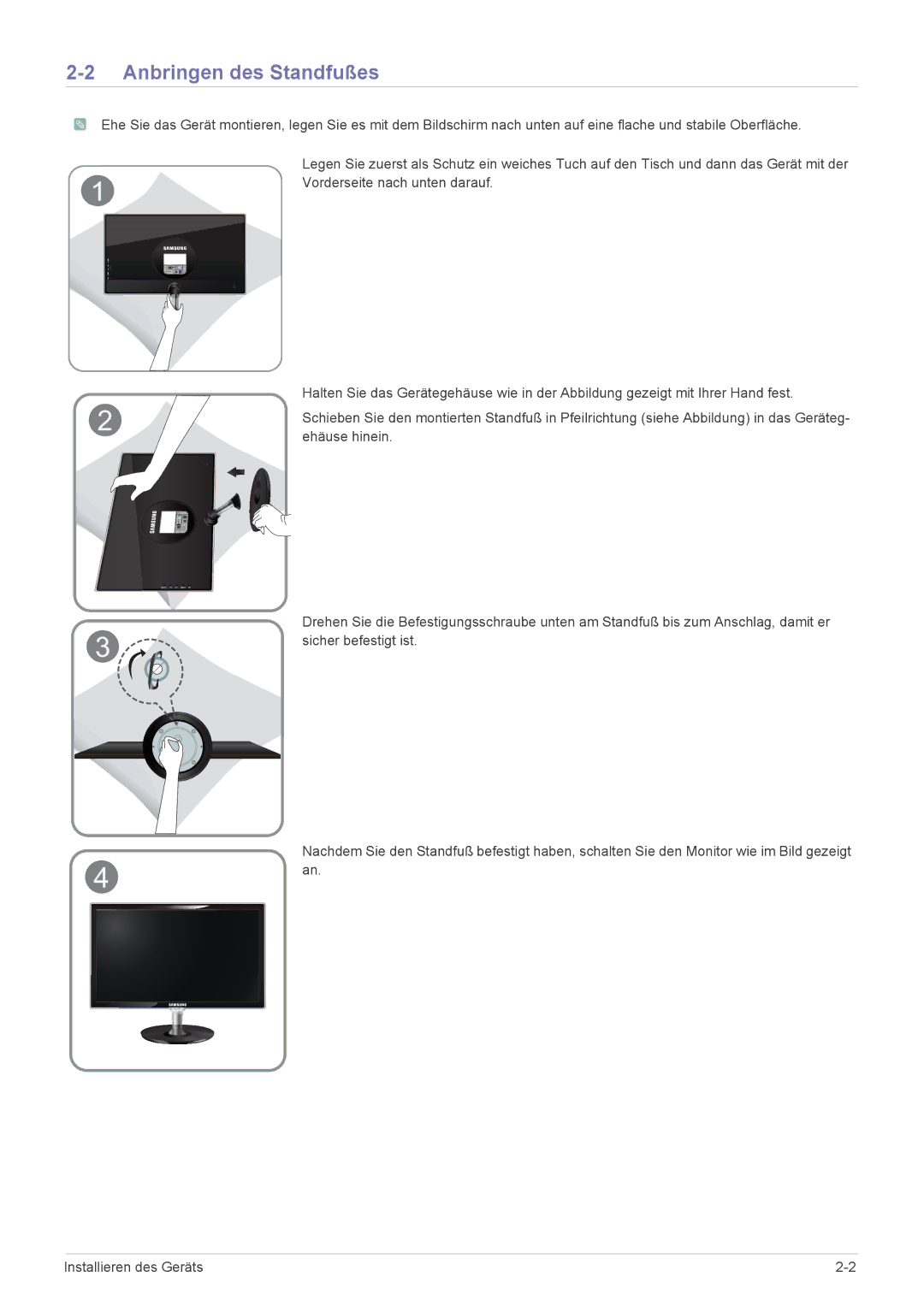 Samsung LS23WHEKFV/EN, LS23WHUKFV/EN manual Anbringen des Standfußes 