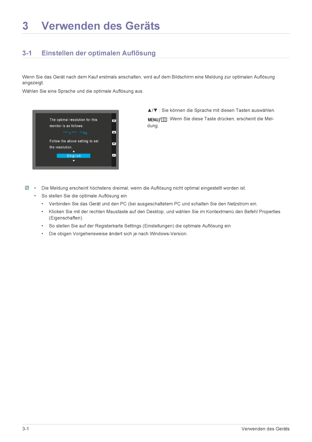 Samsung LS23WHUKFV/EN, LS23WHEKFV/EN manual Verwenden des Geräts, Einstellen der optimalen Auflösung 