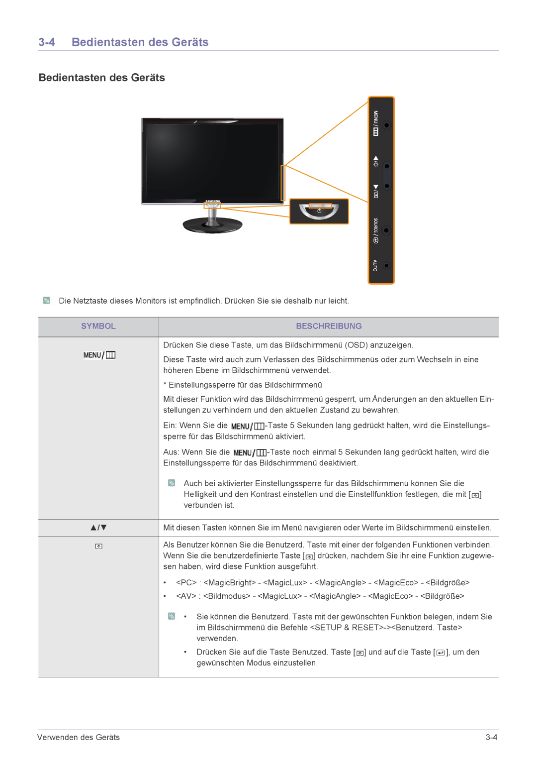 Samsung LS23WHEKFV/EN, LS23WHUKFV/EN manual Bedientasten des Geräts, Symbol Beschreibung 