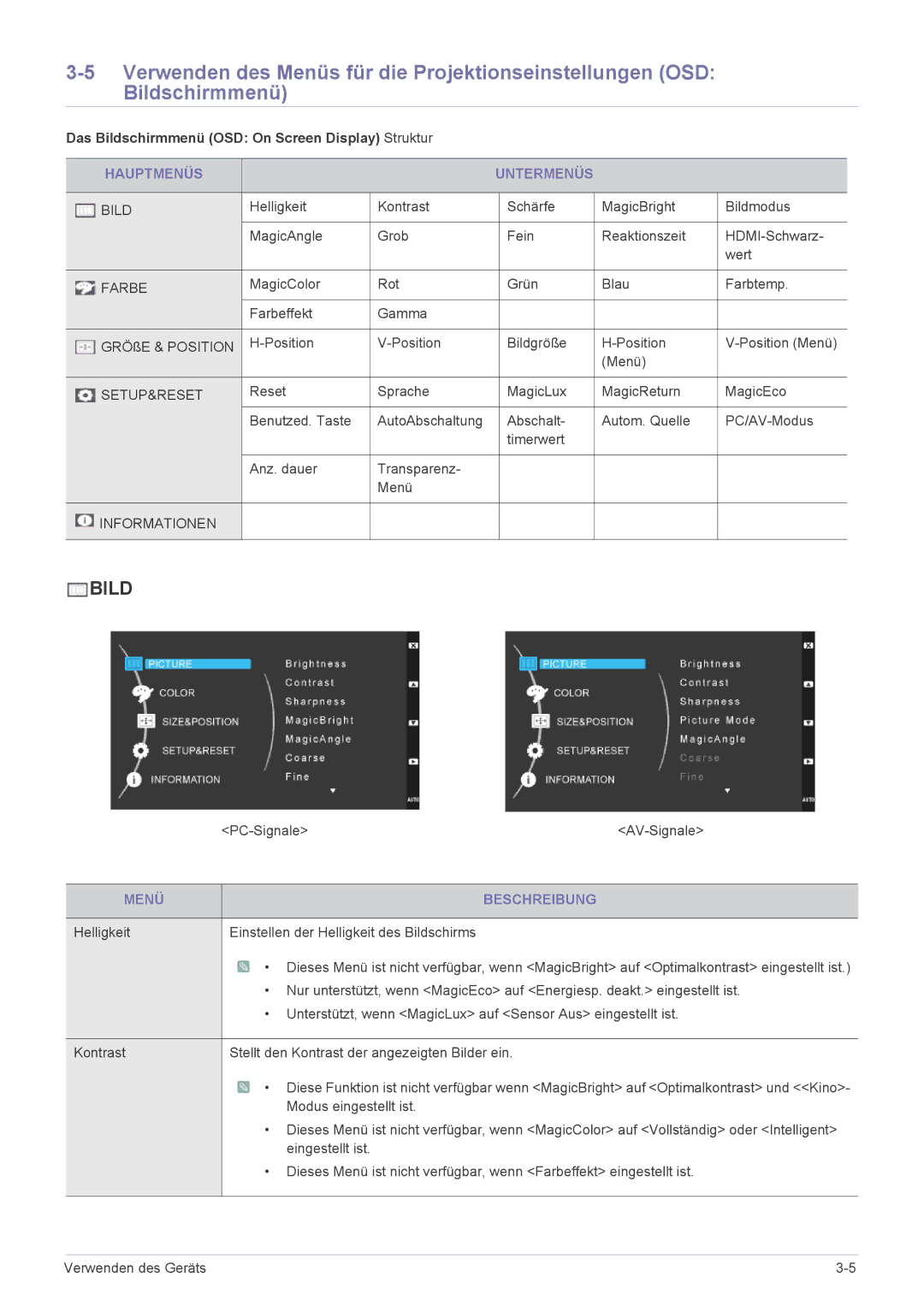 Samsung LS23WHEKFV/EN manual Das Bildschirmmenü OSD On Screen Display Struktur, Hauptmenüs Untermenüs, Menü Beschreibung 