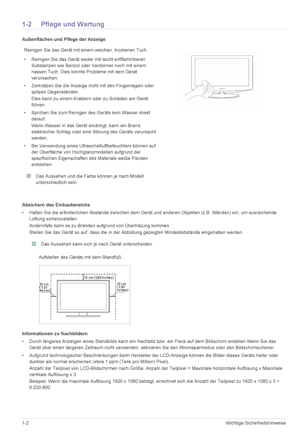 Samsung LS23WHUKFV/EN, LS23WHEKFV/EN Pflege und Wartung, Außenflächen und Pflege der Anzeige, Absichern des Einbaubereichs 