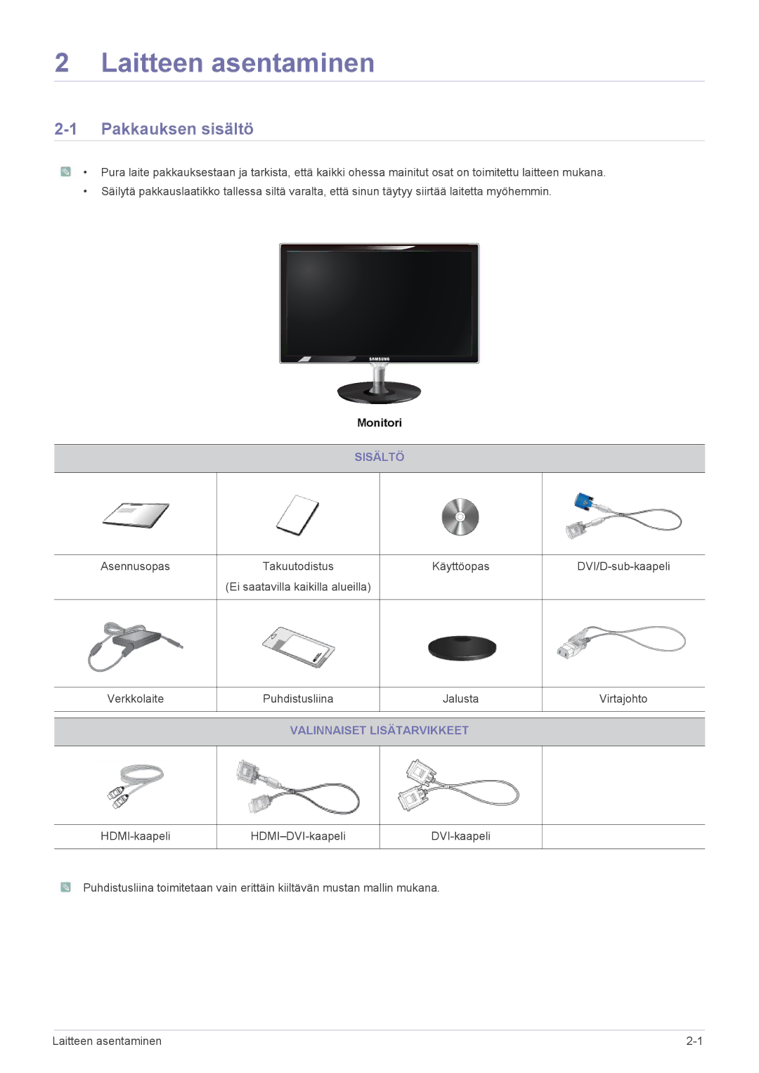 Samsung LS23WHEKFV/EN, LS23WHUKFV/EN manual Laitteen asentaminen, Pakkauksen sisältö, Sisältö, Valinnaiset Lisätarvikkeet 