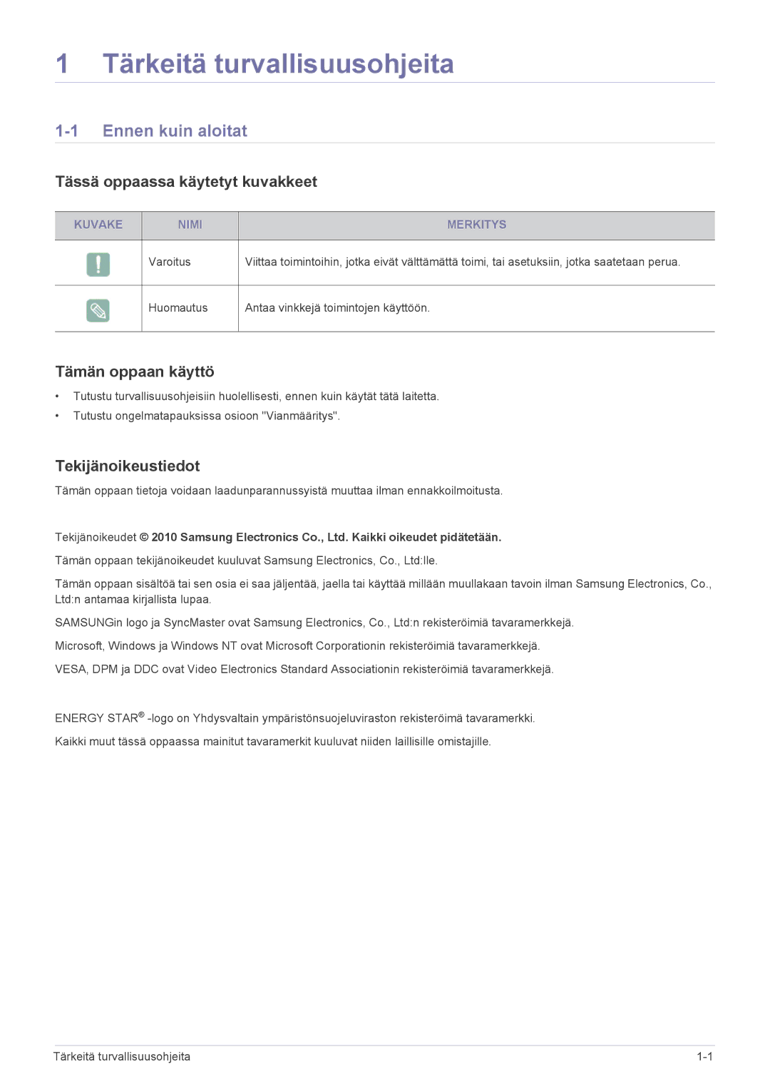 Samsung LS23WHEKFV/EN, LS23WHUKFV/EN Tärkeitä turvallisuusohjeita, Ennen kuin aloitat, Tässä oppaassa käytetyt kuvakkeet 