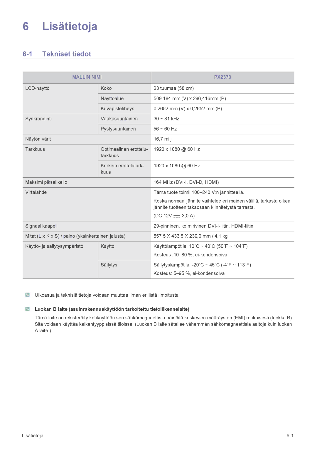 Samsung LS23WHEKFV/EN, LS23WHUKFV/EN manual Lisätietoja, Tekniset tiedot, Mallin Nimi 