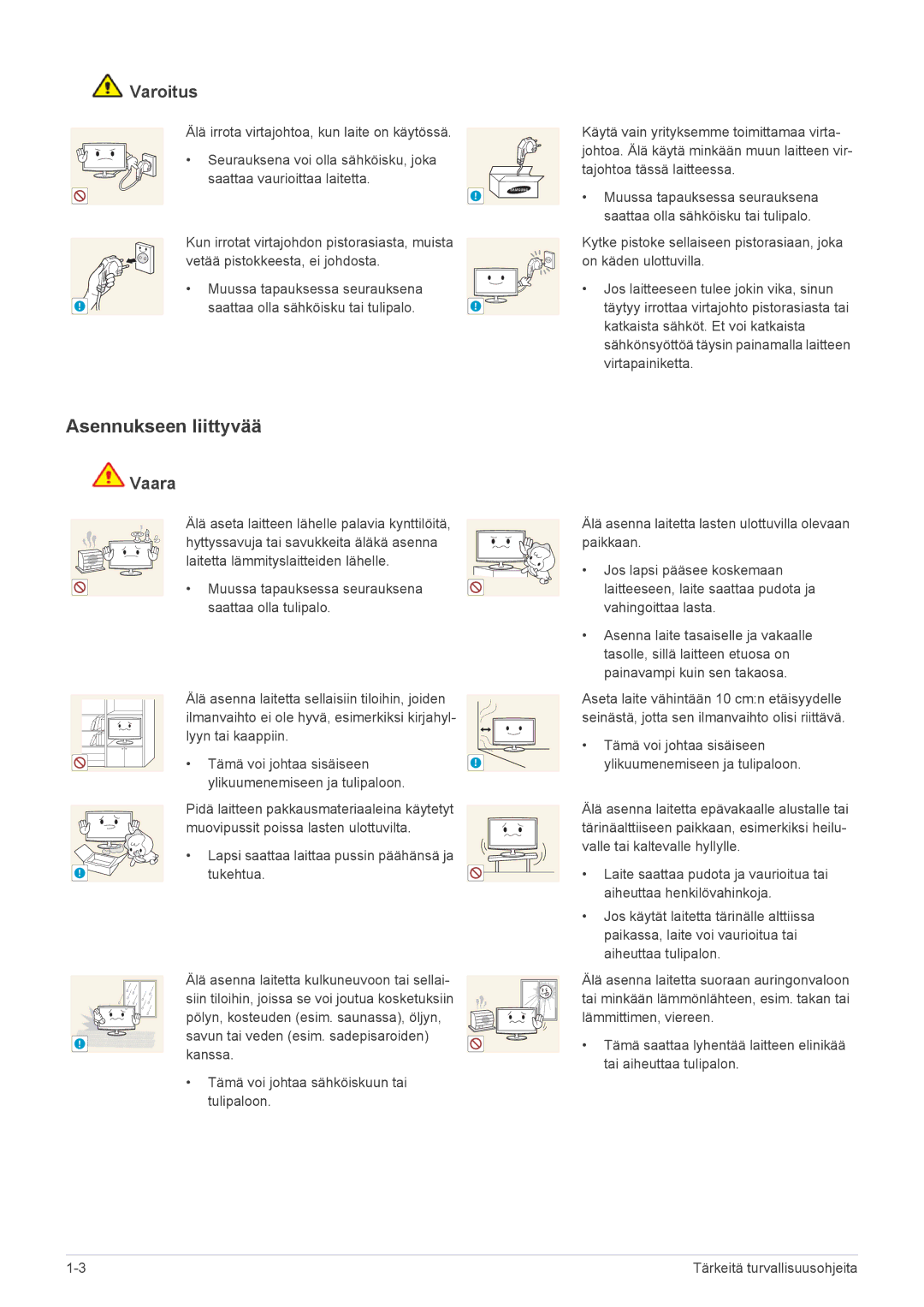 Samsung LS23WHUKFV/EN, LS23WHEKFV/EN manual Asennukseen liittyvää, Varoitus 