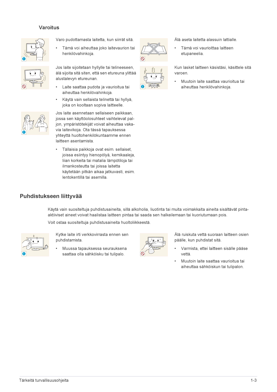 Samsung LS23WHEKFV/EN, LS23WHUKFV/EN manual Puhdistukseen liittyvää, Laitteen asentamista 