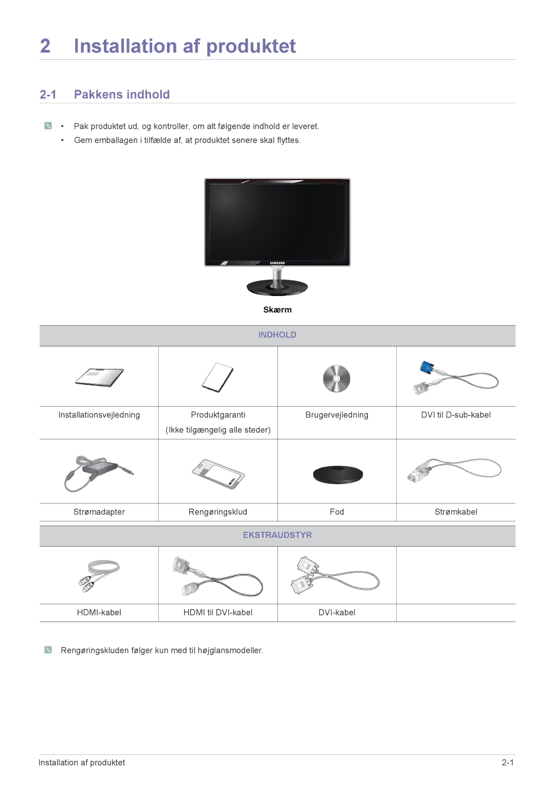 Samsung LS23WHEKFV/EN, LS23WHUKFV/EN manual Installation af produktet, Pakkens indhold, Indhold, Ekstraudstyr 