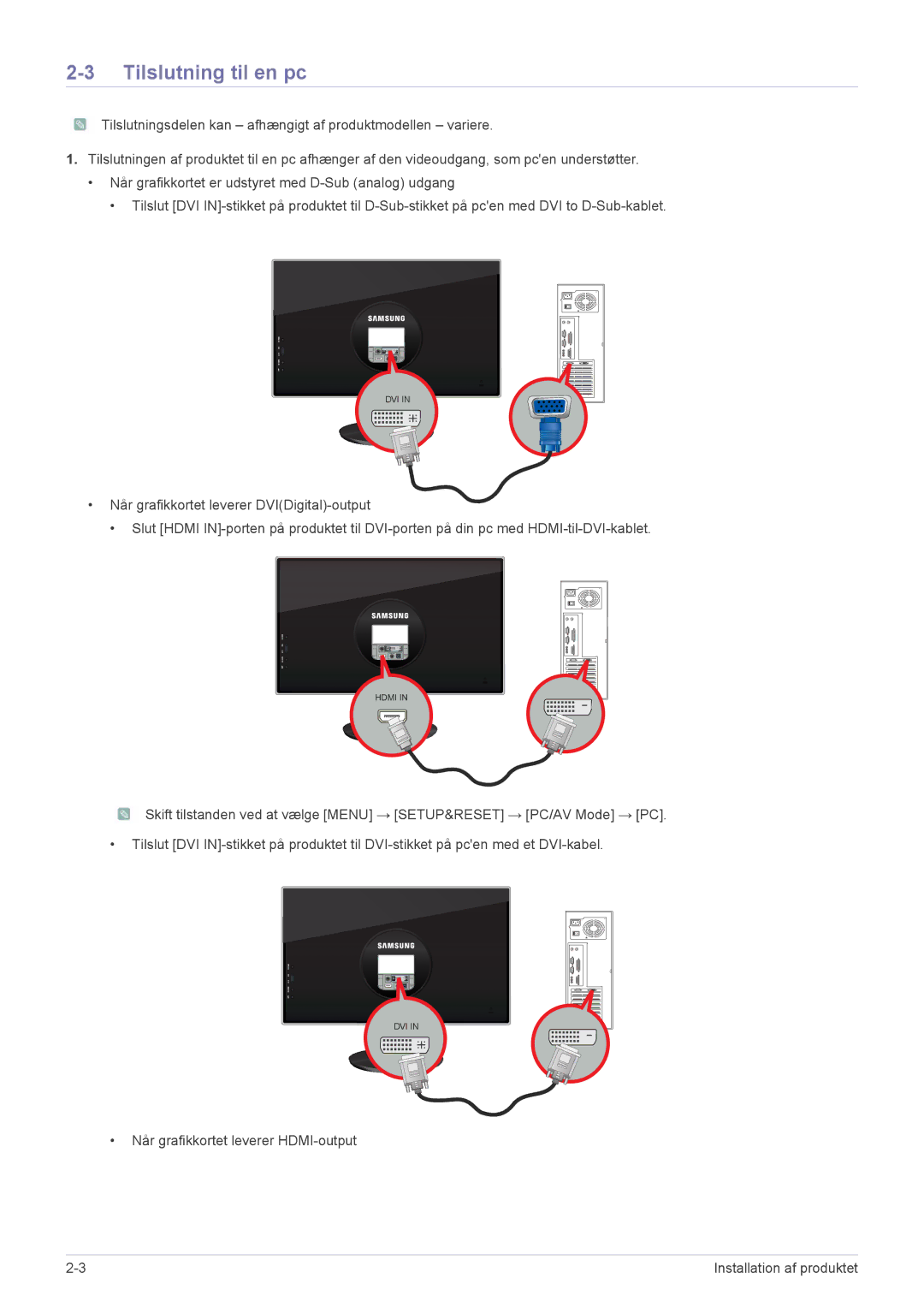 Samsung LS23WHUKFV/EN, LS23WHEKFV/EN manual Tilslutning til en pc 