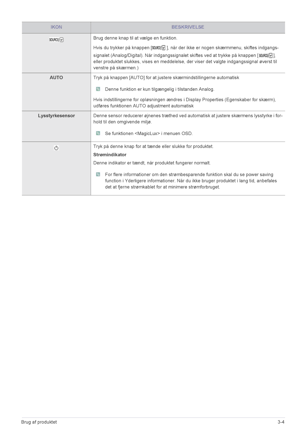 Samsung LS23WHEKFV/EN, LS23WHUKFV/EN manual Auto, Strømindikator 