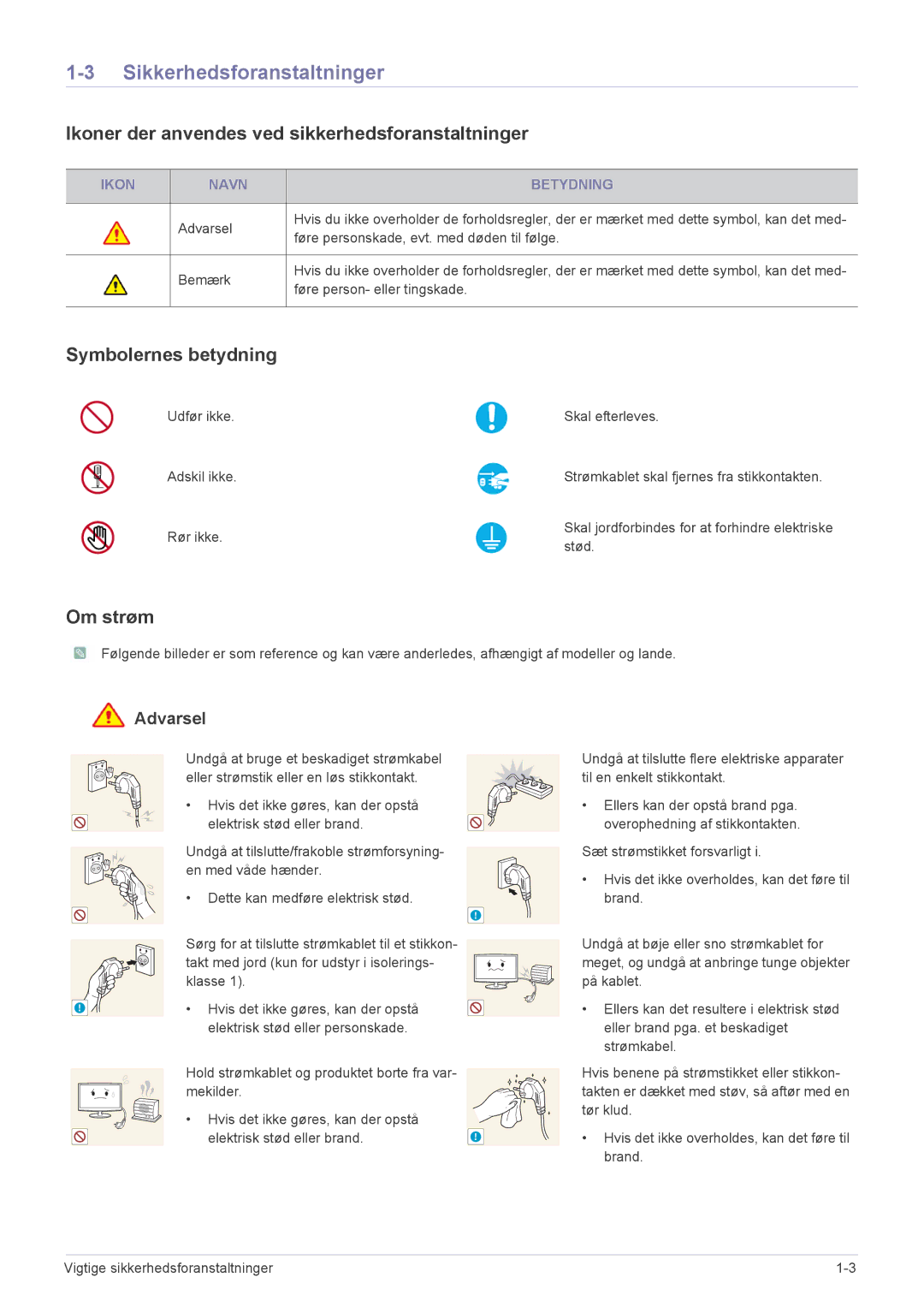 Samsung LS23WHEKFV/EN manual Sikkerhedsforanstaltninger, Ikoner der anvendes ved sikkerhedsforanstaltninger, Om strøm 