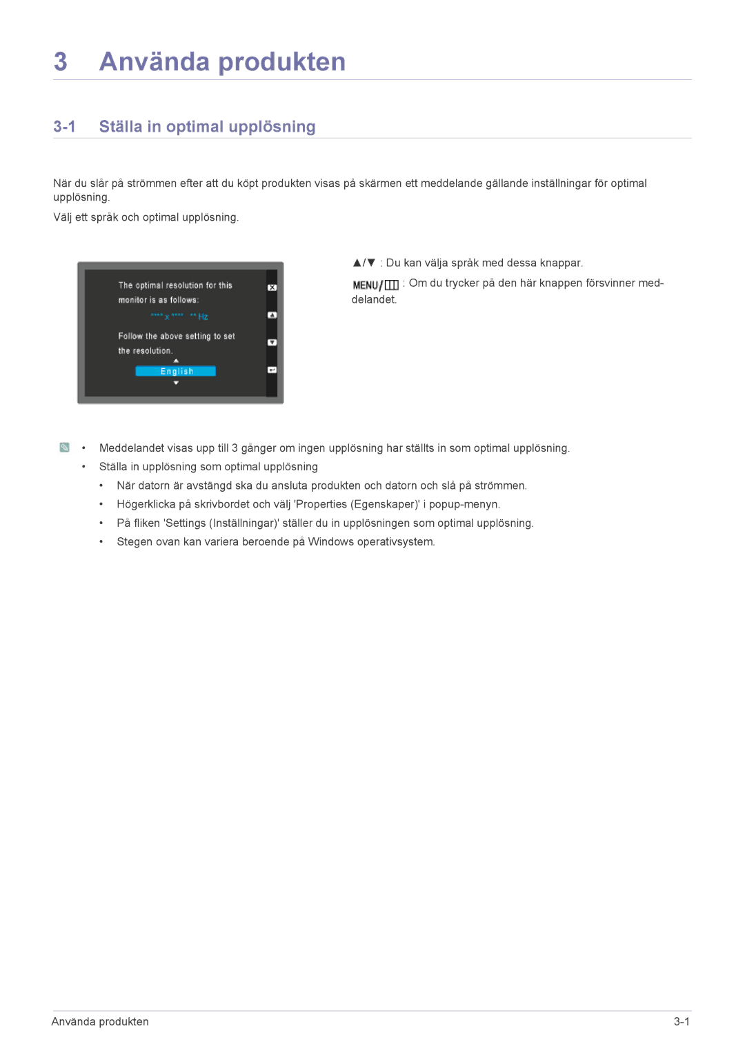 Samsung LS23WHEKFV/EN, LS23WHUKFV/EN manual Använda produkten, Ställa in optimal upplösning 