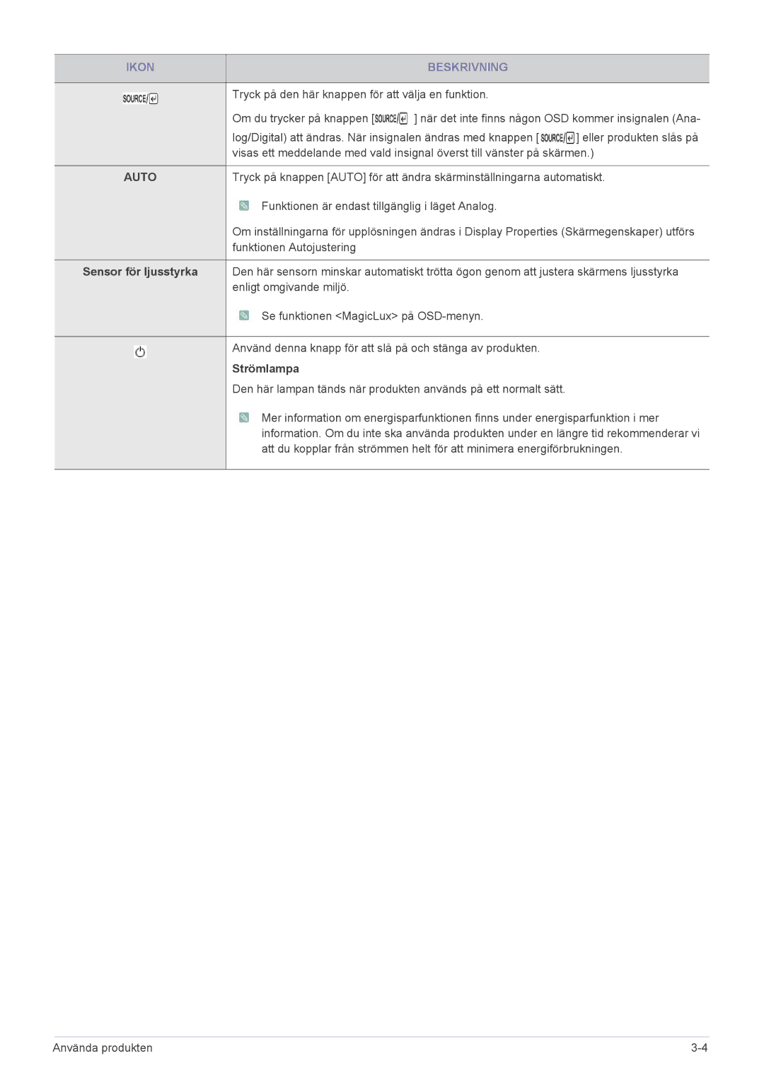 Samsung LS23WHEKFV/EN, LS23WHUKFV/EN manual Sensor för ljusstyrka, Strömlampa 