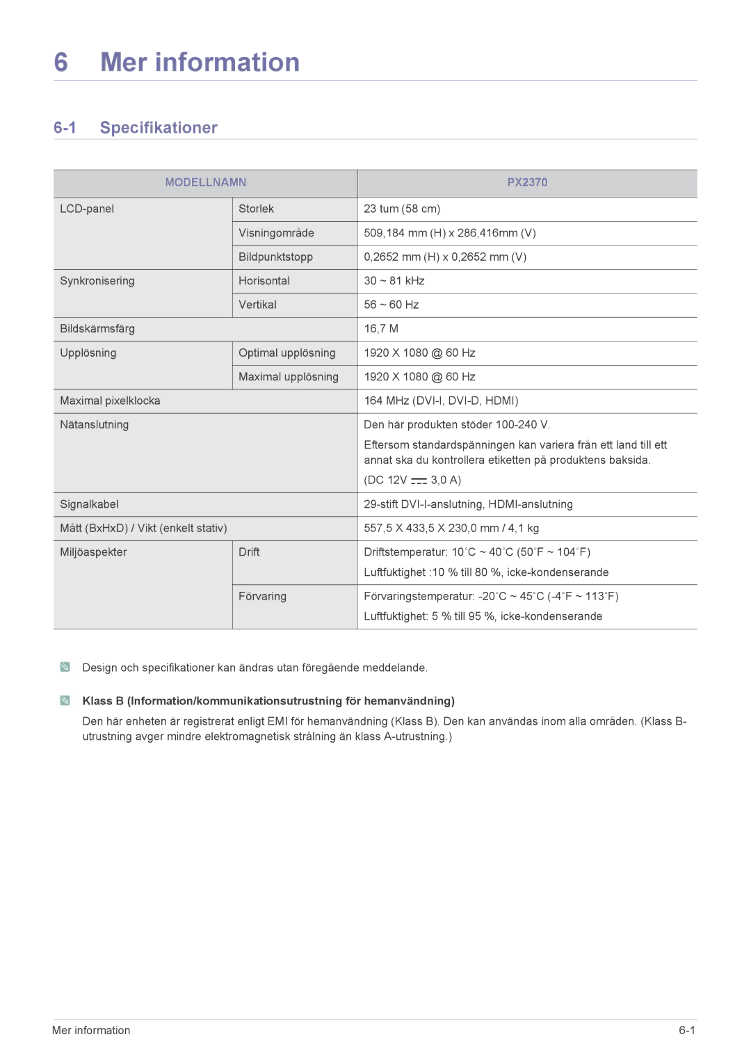 Samsung LS23WHEKFV/EN, LS23WHUKFV/EN manual Mer information, Specifikationer, Modellnamn 