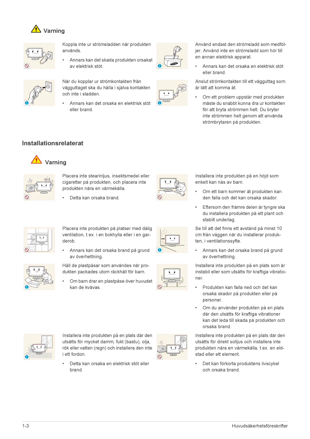 Samsung LS23WHUKFV/EN, LS23WHEKFV/EN manual Installationsrelaterat, Annars kan det orsaka en elektrisk stöt Eller brand 