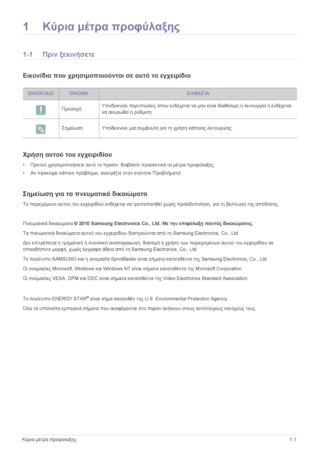 Samsung LS23WHEKFV/EN manual Κύρια μέτρα προφύλαξης, Πριν ξεκινήσετε, Εικονίδια που χρησιμοποιούνται σε αυτό το εγχειρίδιο 