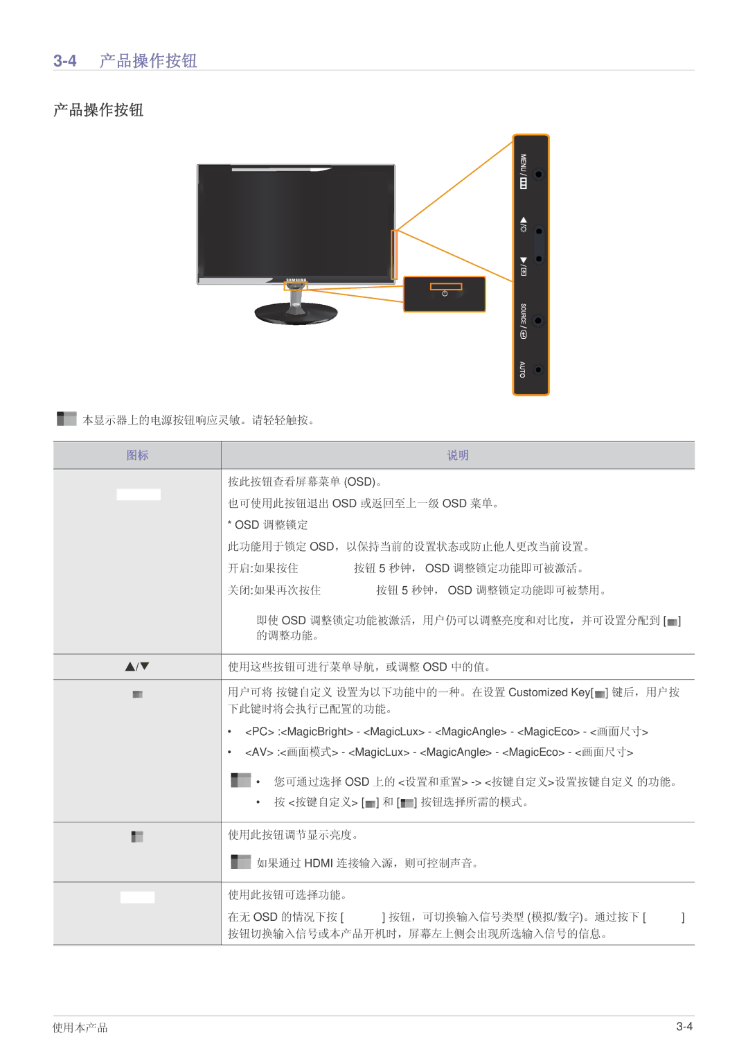 Samsung LS23WHEKFV/EN, LS23WHUKFV/EN manual 4产品操作按钮 