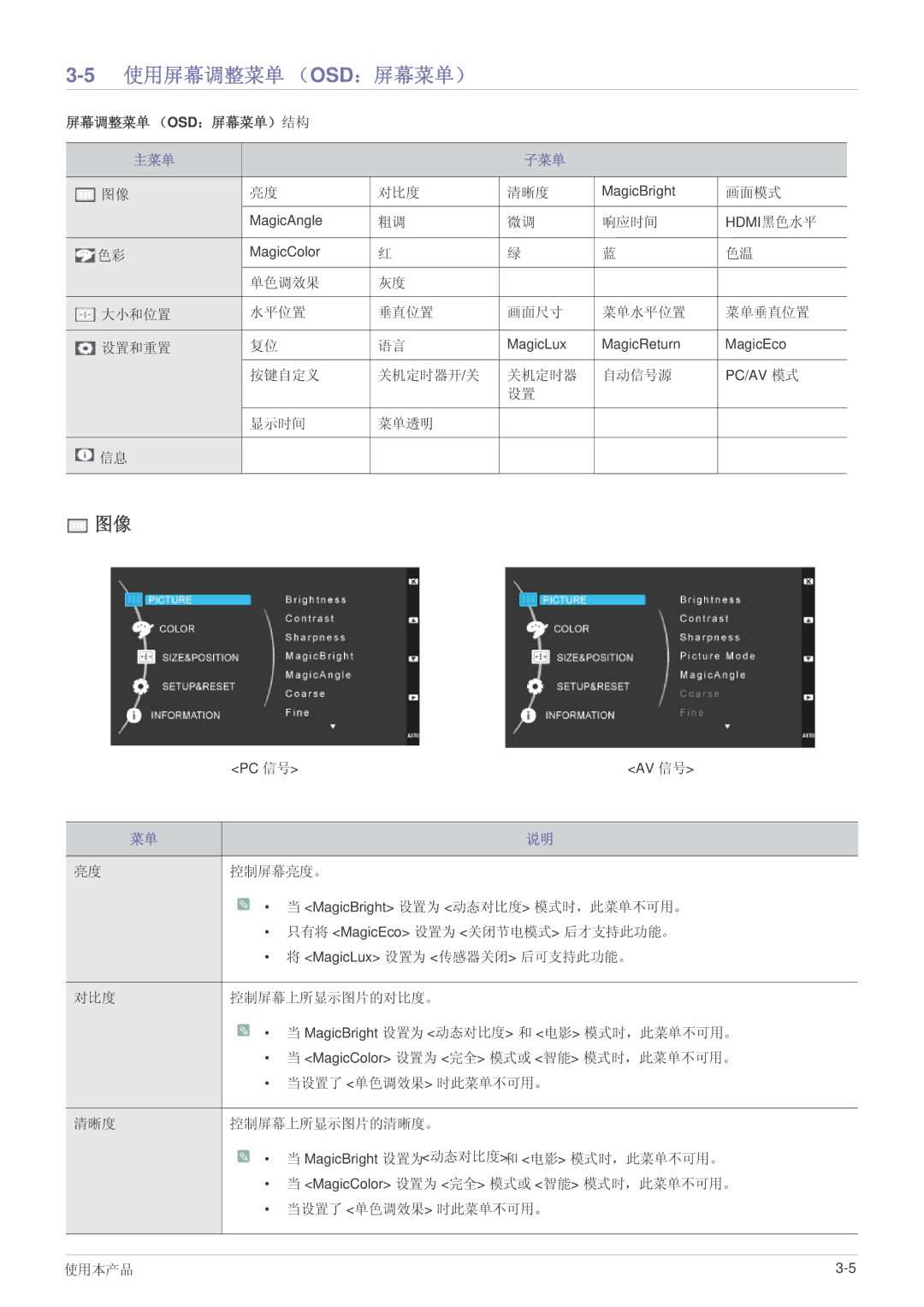 Samsung LS23WHEKFV/EN, LS23WHUKFV/EN manual 5使用屏幕调整菜单 （OSD：屏幕菜单）, 屏幕调整菜单 （Osd：屏幕菜单）结构, 主菜单 子菜单 