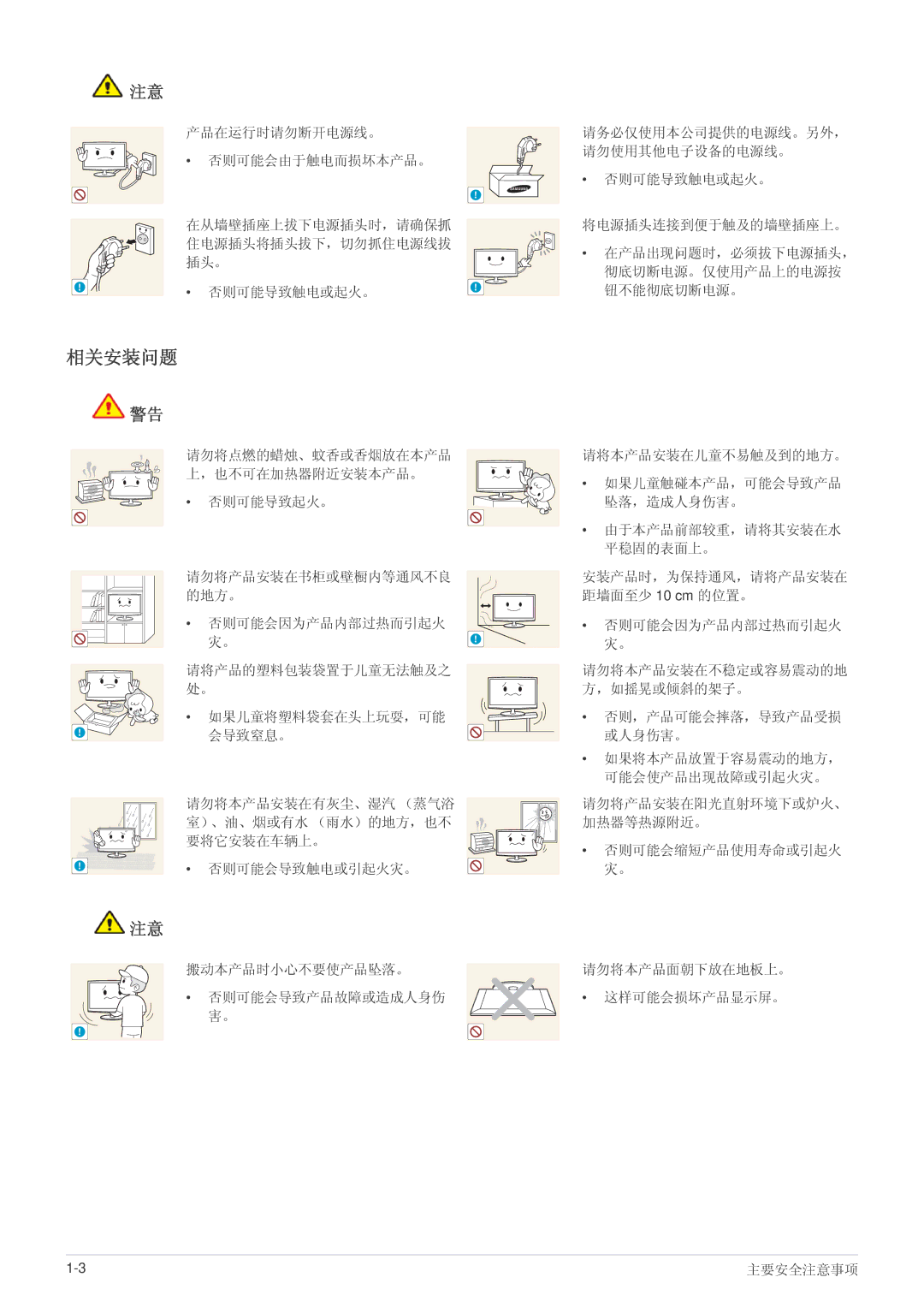 Samsung LS23WHUKFV/EN, LS23WHEKFV/EN manual 相关安装问题, 否则可能会导致触电或引起火灾。 