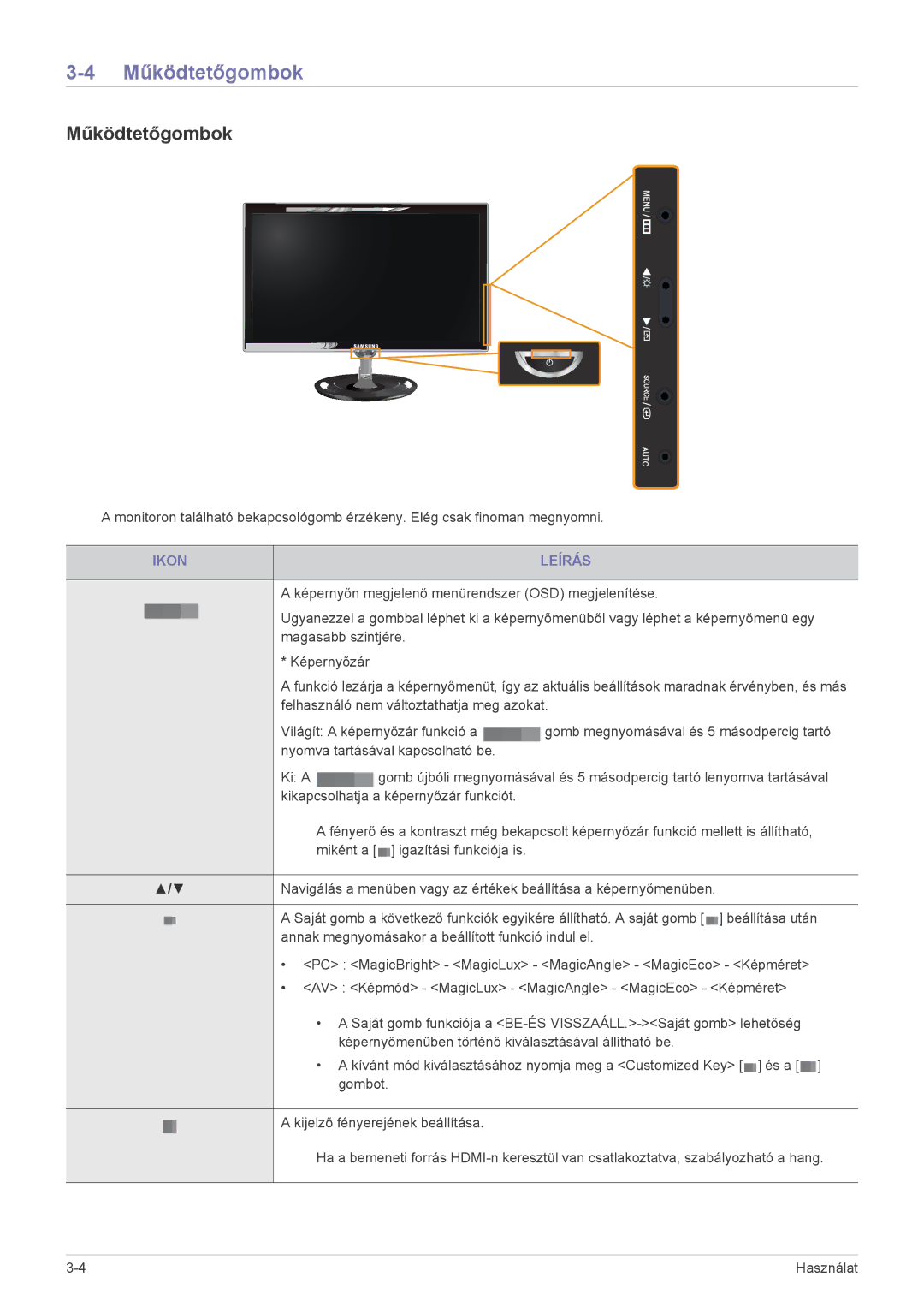 Samsung LS23WHUKFV/EN, LS23WHEKFV/EN manual Működtetőgombok, Ikon Leírás 