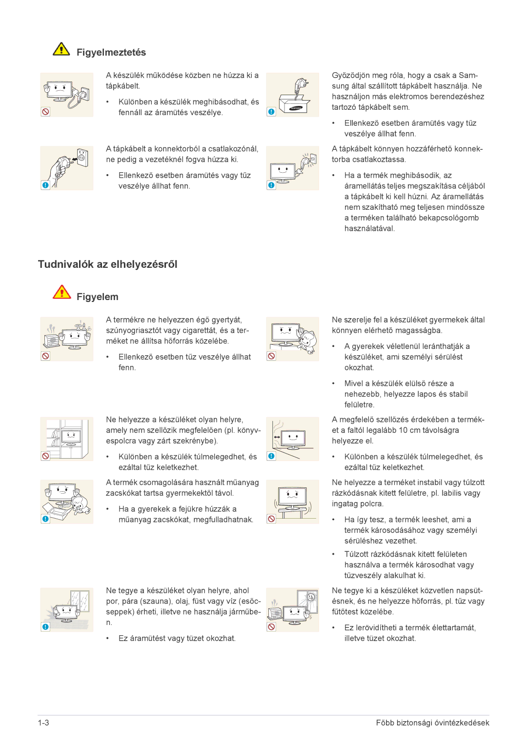 Samsung LS23WHUKFV/EN, LS23WHEKFV/EN Tudnivalók az elhelyezésről, Ellenkező esetben áramütés vagy tűz Veszélye állhat fenn 