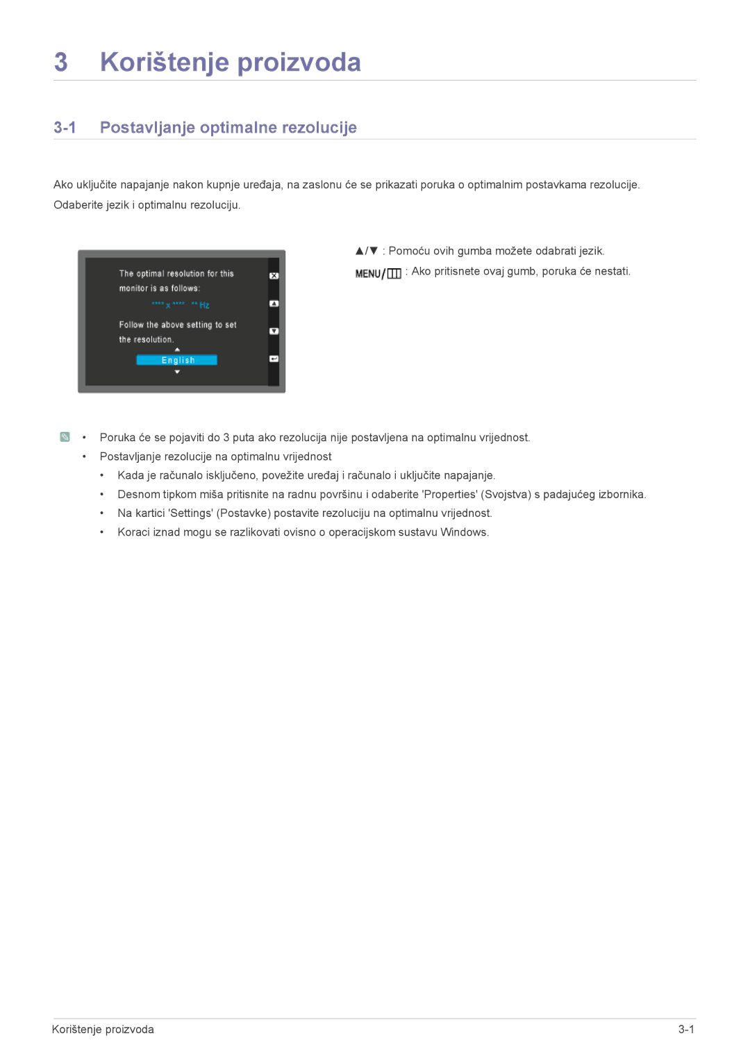 Samsung LS23WHEKFV/EN, LS23WHUKFV/EN manual Korištenje proizvoda, Postavljanje optimalne rezolucije 