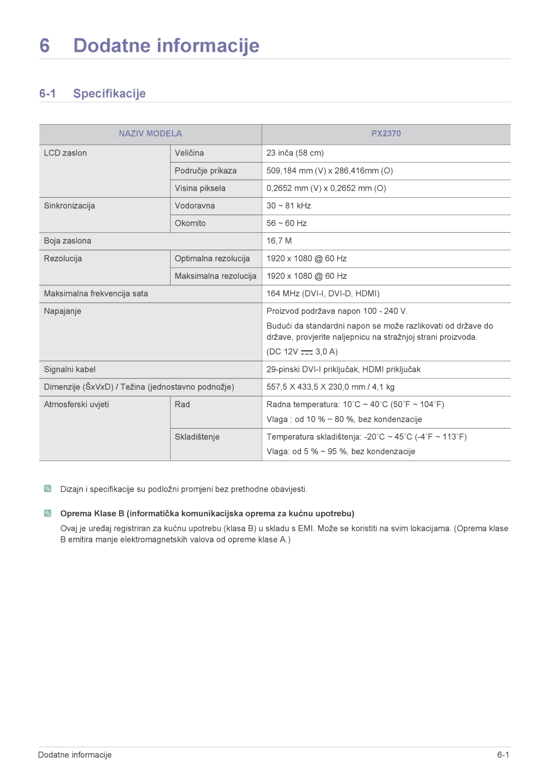 Samsung LS23WHEKFV/EN, LS23WHUKFV/EN manual Dodatne informacije, Specifikacije, Naziv Modela 